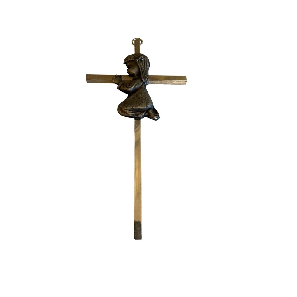 Praying Girl Wall Cross Metal Religious Decor 11 Inches Long Vintage Style Hangi